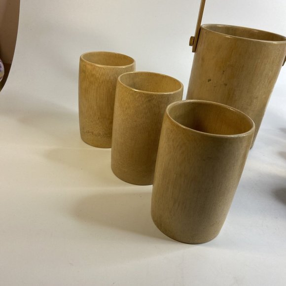 Tiki Bamboo Glasses & Ice Bucket Hand Painted Korean War Souvenir 50's Set of 7 - Picture 5 of 16